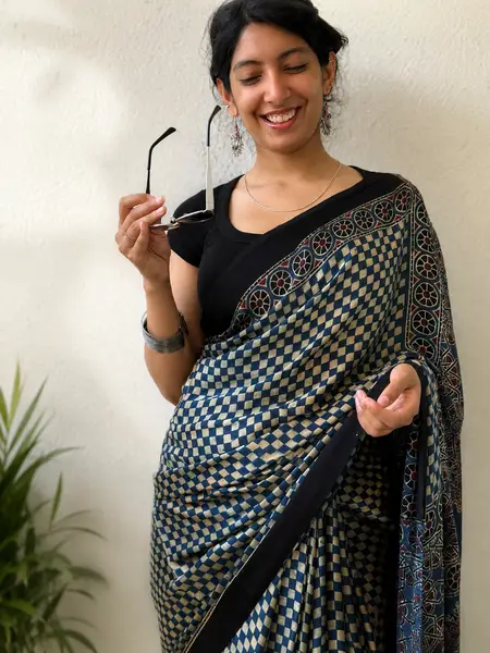 Ajrakh Block Print Modal Silk Saree Black-Blue Checkered — image 2 of 3