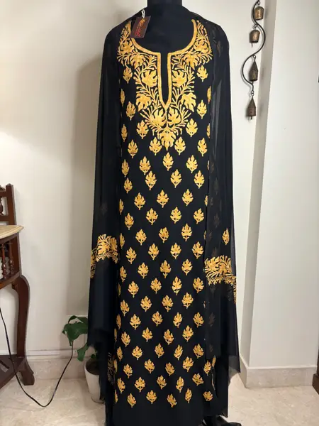 Georgette Aari Embroidered Kashmiri Suit Black mustard embroidery (Unstitched) — image 3 of 3