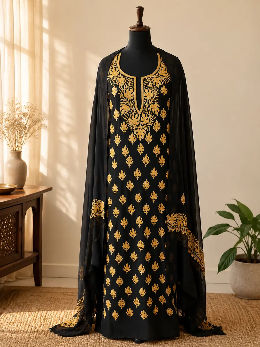 Georgette Aari Embroidered Kashmiri Suit Black mustard embroidery (Unstitched) - Image 1 of 3
