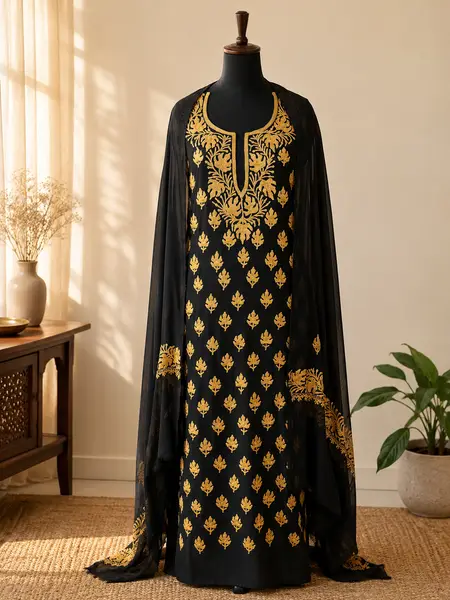 Georgette Aari Embroidered Kashmiri Suit Black mustard embroidery (Unstitched) — image 1 of 3