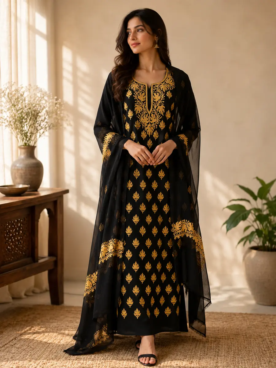 Georgette Aari Embroidered Kashmiri Suit Black mustard embroidery (Unstitched) thumbnail 2