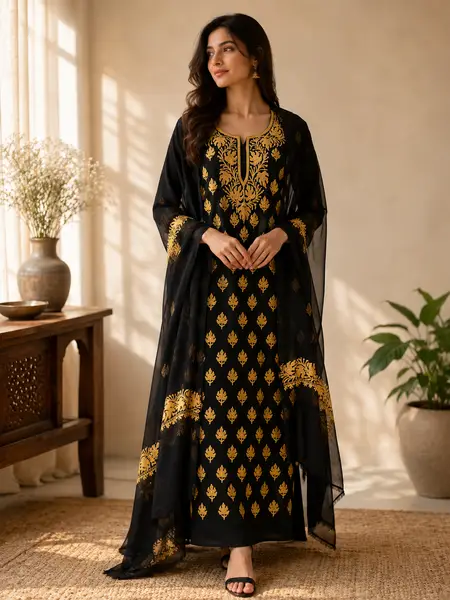 Georgette Aari Embroidered Kashmiri Suit Black mustard embroidery (Unstitched) — image 2 of 3