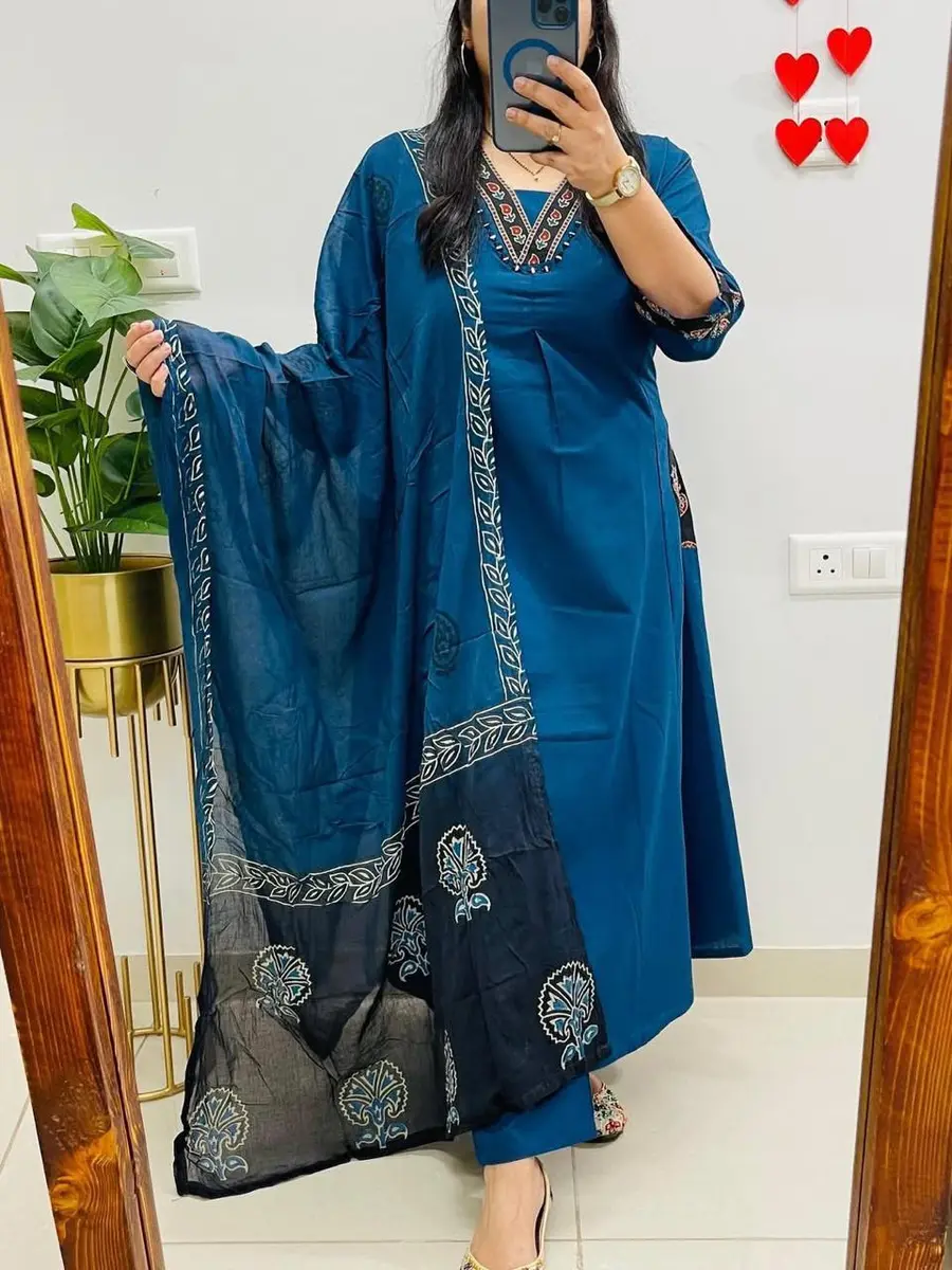 Kutchi Embroidery Heavy Cotton Kurta Set Blue - Casual Wear