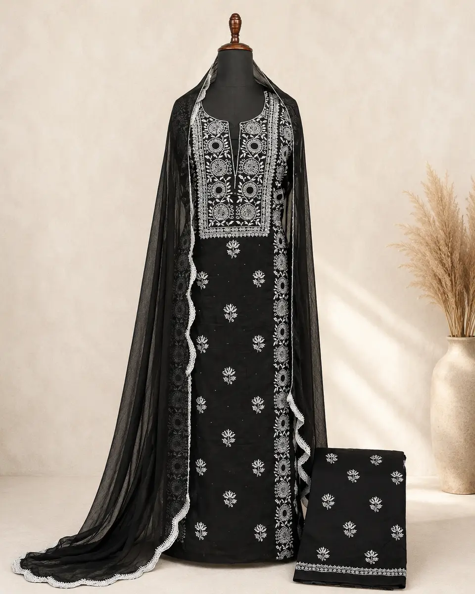 Chikankari Black Cotton Voile Suit (Unstitched) - Image 1 of 3