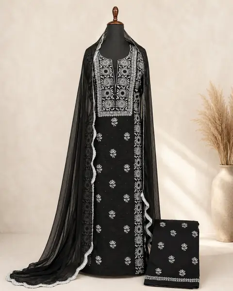Chikankari Black Cotton Voile Suit (Unstitched) — image 1 of 3