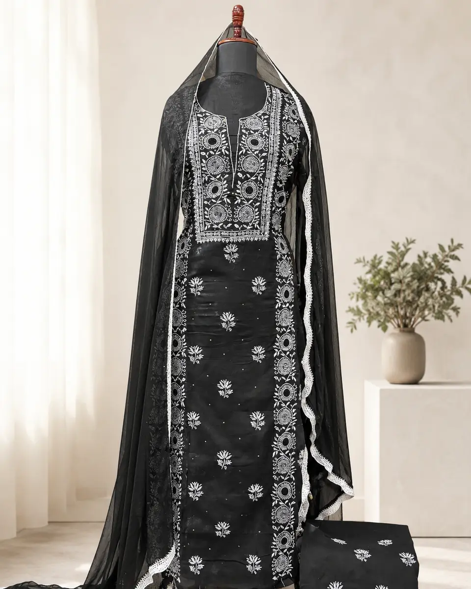 Chikankari Black Cotton Voile Suit (Unstitched) thumbnail 2