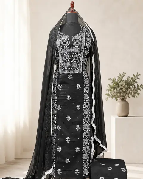 Chikankari Black Cotton Voile Suit (Unstitched) — image 2 of 3