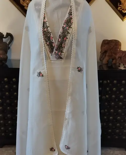 Kota Silk  Suits with Hand Embroidery (Unstitched) — white / fabric — image 2 of 2