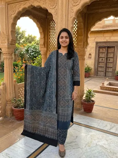 Ajrakh Block Print Cotton Suit Fabric Indigo Blue (Unstitched) - Image 1 of 3