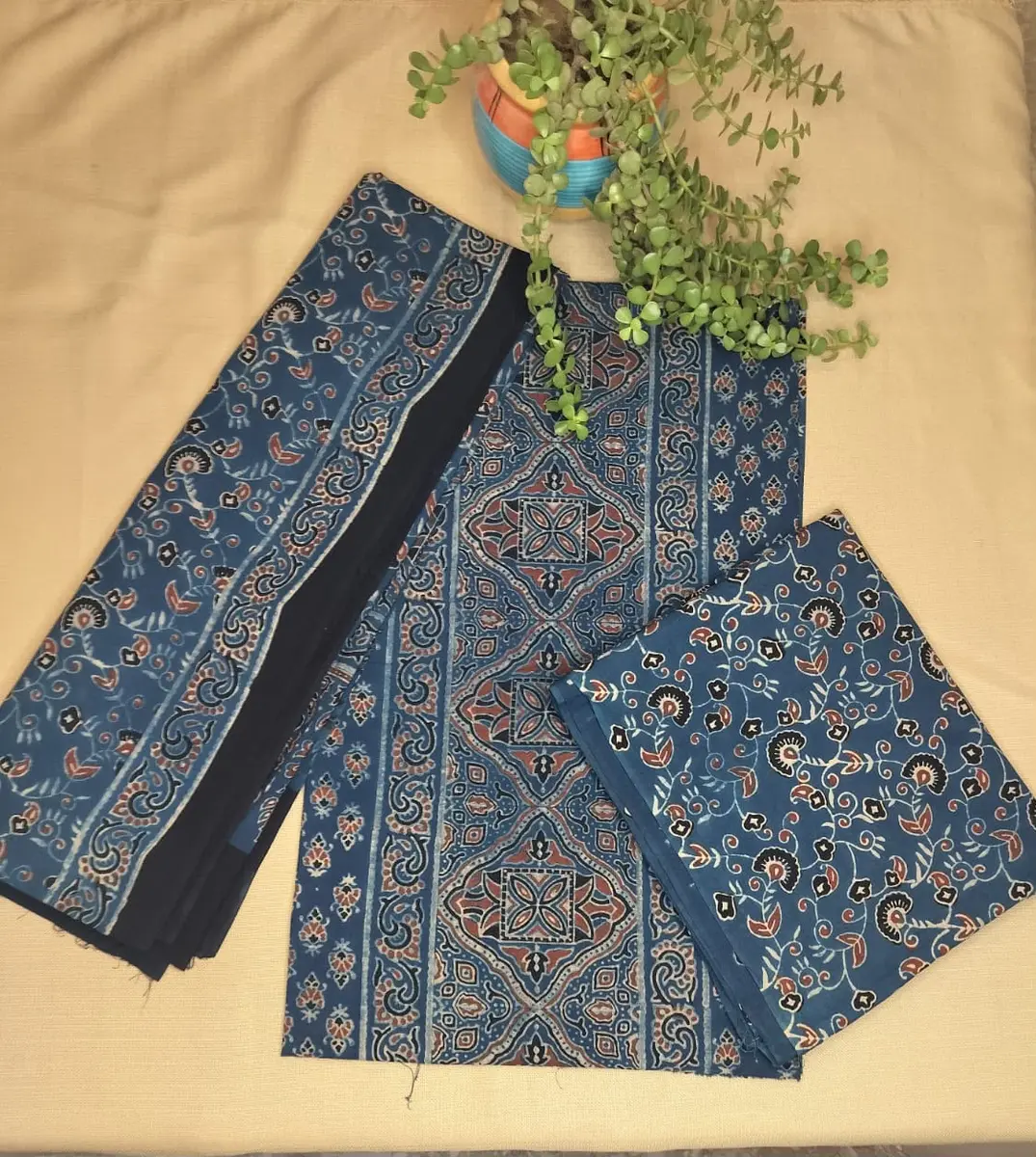 Ajrakh Block Print Cotton Suit Fabric Indigo Blue (Unstitched) thumbnail 2