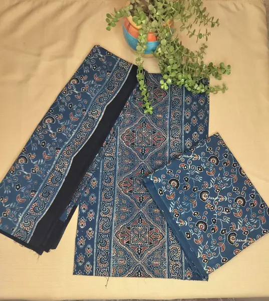 Ajrakh Block Print Cotton Suit Fabric Indigo Blue (Unstitched) — image 2 of 3