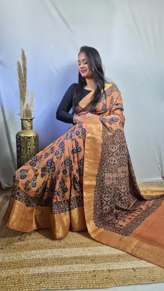 Ajrakh Dola Silk Saree Peach with Golden Tissue Pallu — image 2 of 3