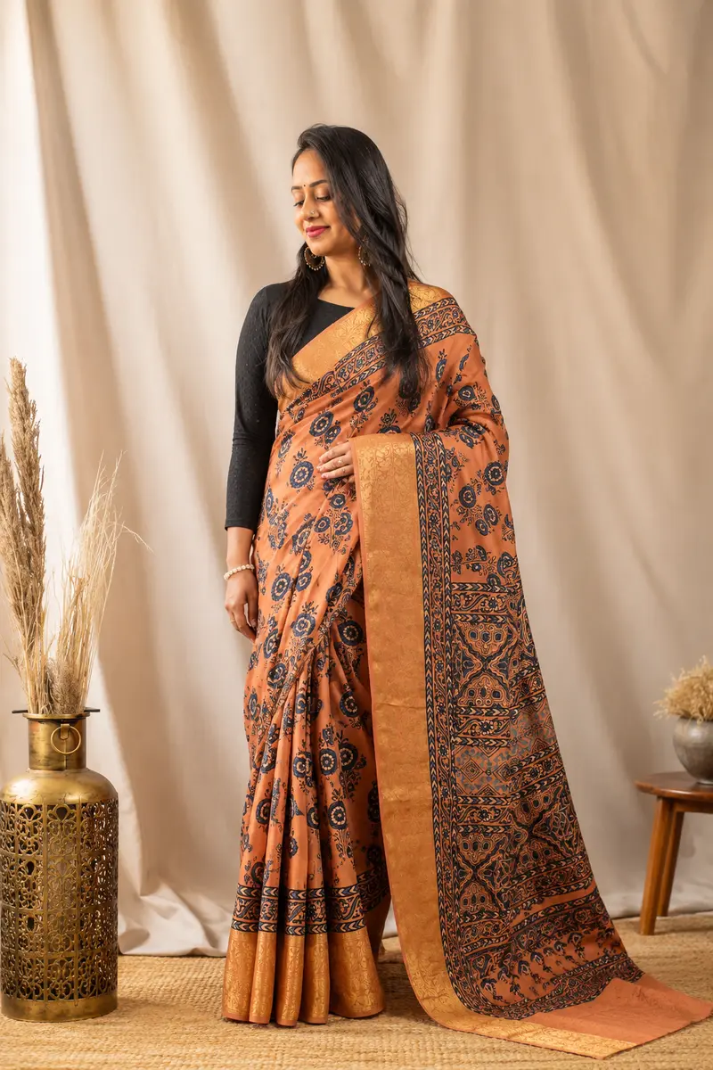 Ajrakh Dola Silk Saree Peach with Golden Tissue Pallu - Image 1 of 3