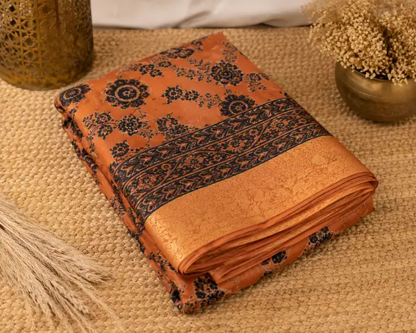 Ajrakh Dola Silk Saree Peach with Golden Tissue Pallu — image 3 of 3