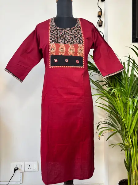 Ajrakh Cotton Kurta Maroon Black Patchwork  — XL — image 3 of 3