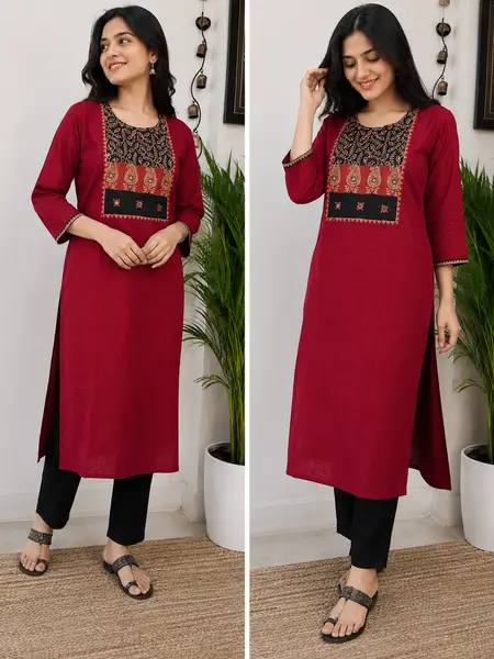 Ajrakh Cotton Kurta Maroon Black Patchwork  — XL — image 1 of 3
