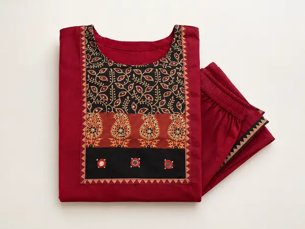 Ajrakh Cotton Kurta Maroon Black Patchwork  — XL — image 2 of 3