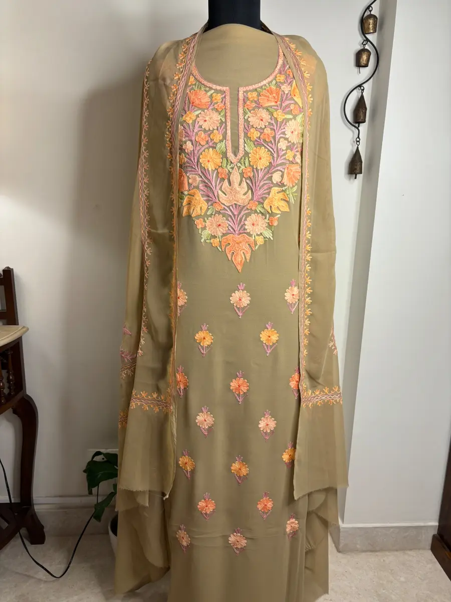 Georgette Kashmiri Aari Embroidered Suit Beige (Unstitched) thumbnail 3