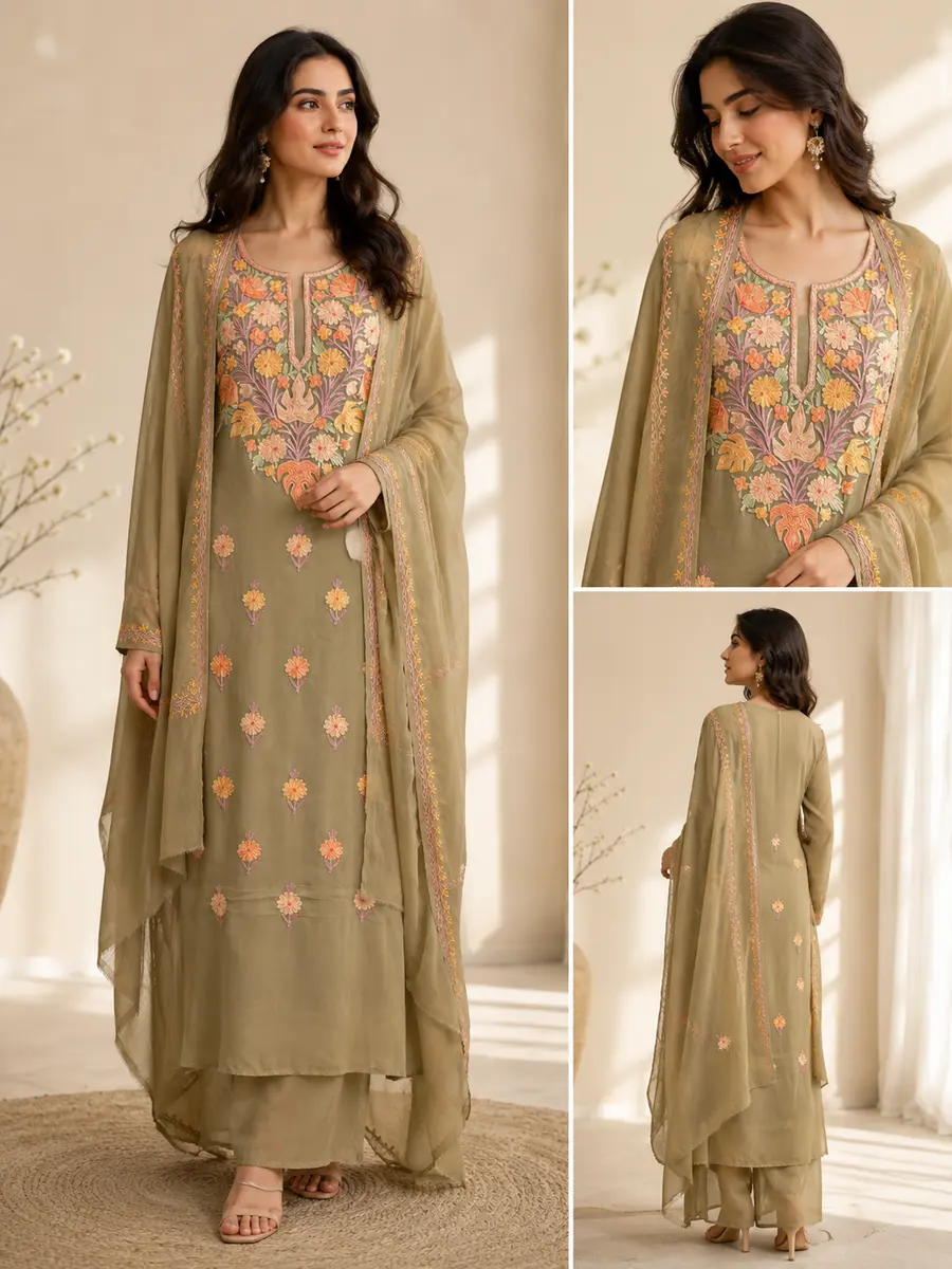 Georgette Kashmiri Aari Embroidered Suit Beige (Unstitched) - Image 1 of 4