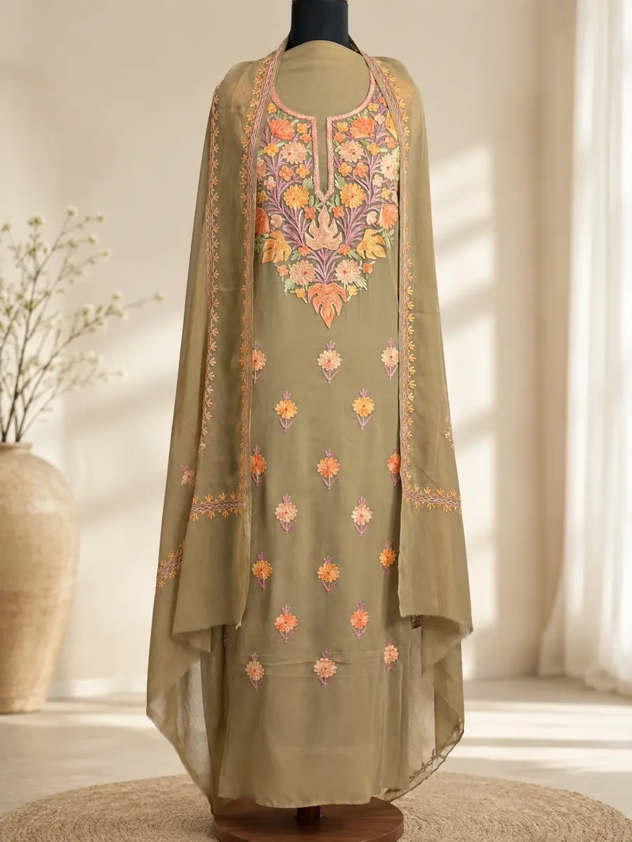 Georgette Kashmiri Aari Embroidered Suit Beige (Unstitched) thumbnail 2