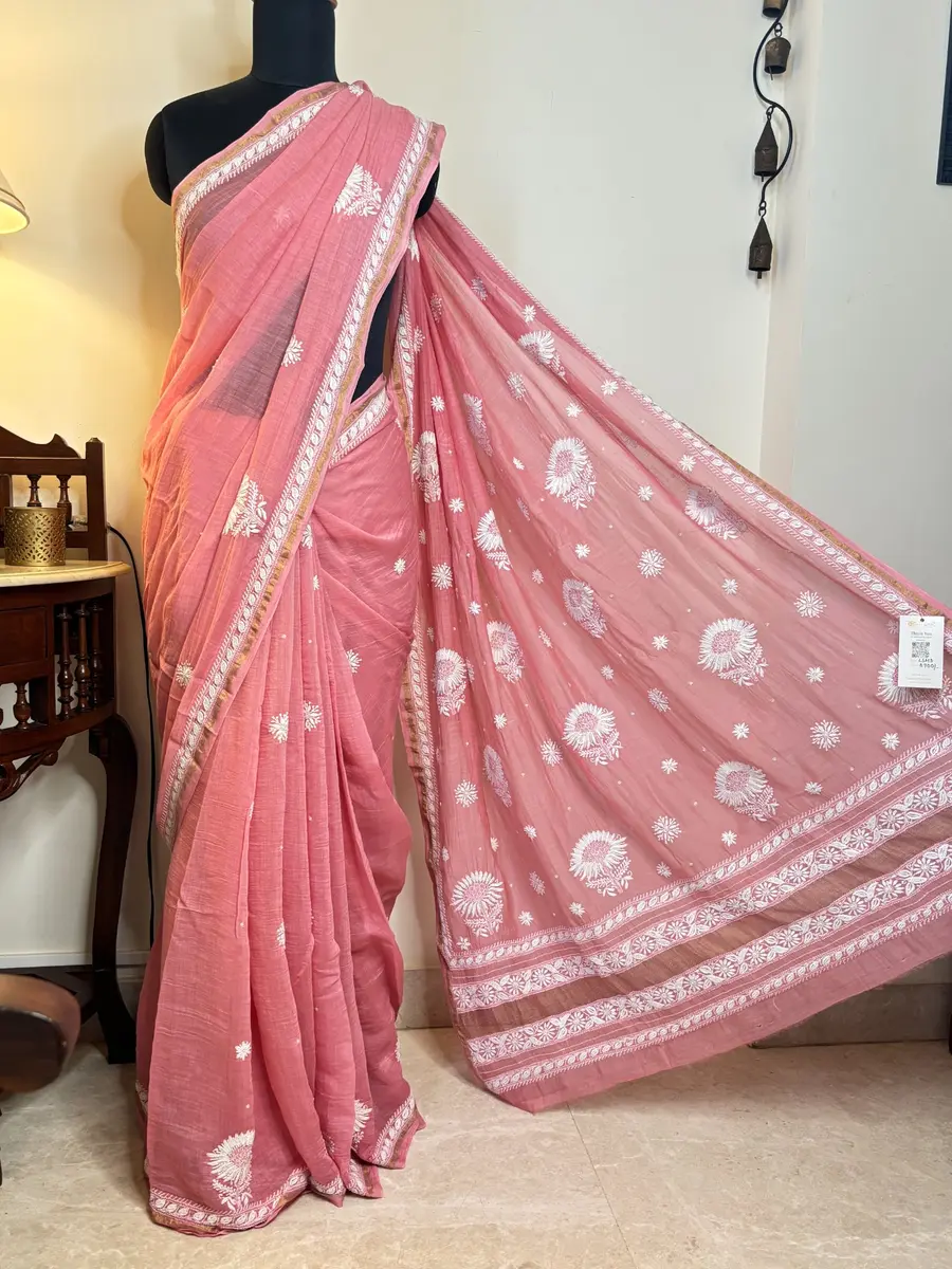 Chikankari Mul Chanderi Saree Pinkish Peach - Casual Festive Wear thumbnail 3