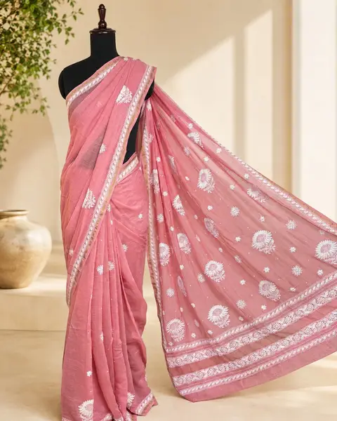 Chikankari Mul Chanderi Saree Pinkish Peach - Casual Festive Wear — image 2 of 5