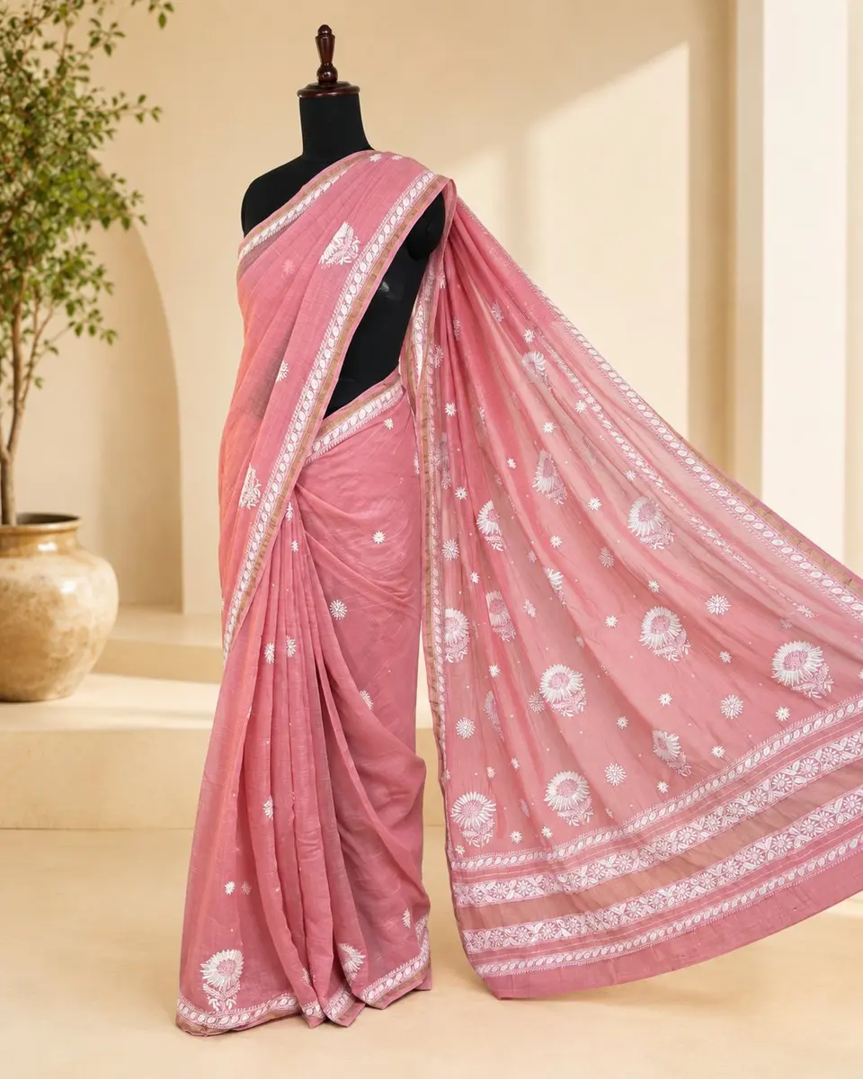 Chikankari Mul Chanderi Saree Pinkish Peach - Casual Festive Wear thumbnail 4