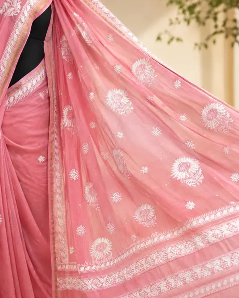 Chikankari Mul Chanderi Saree Pinkish Peach - Casual Festive Wear — image 5 of 5