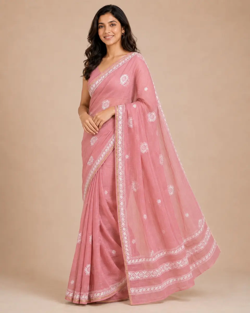 Chikankari Mul Chanderi Saree Pinkish Peach - Casual Festive Wear - Image 1 of 5