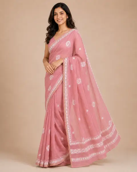 Chikankari Mul Chanderi Saree Pinkish Peach - Casual Festive Wear — image 1 of 5