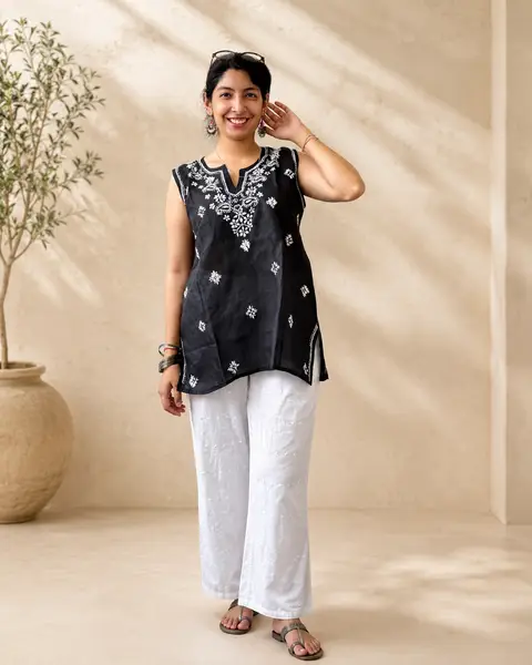 Chikankari Cotton Kurti Black White  — M — image 1 of 4