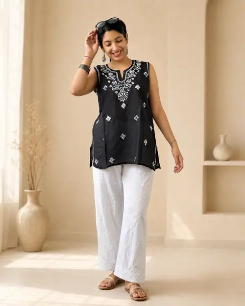 Chikankari Cotton Kurti Black White  — M — image 2 of 4