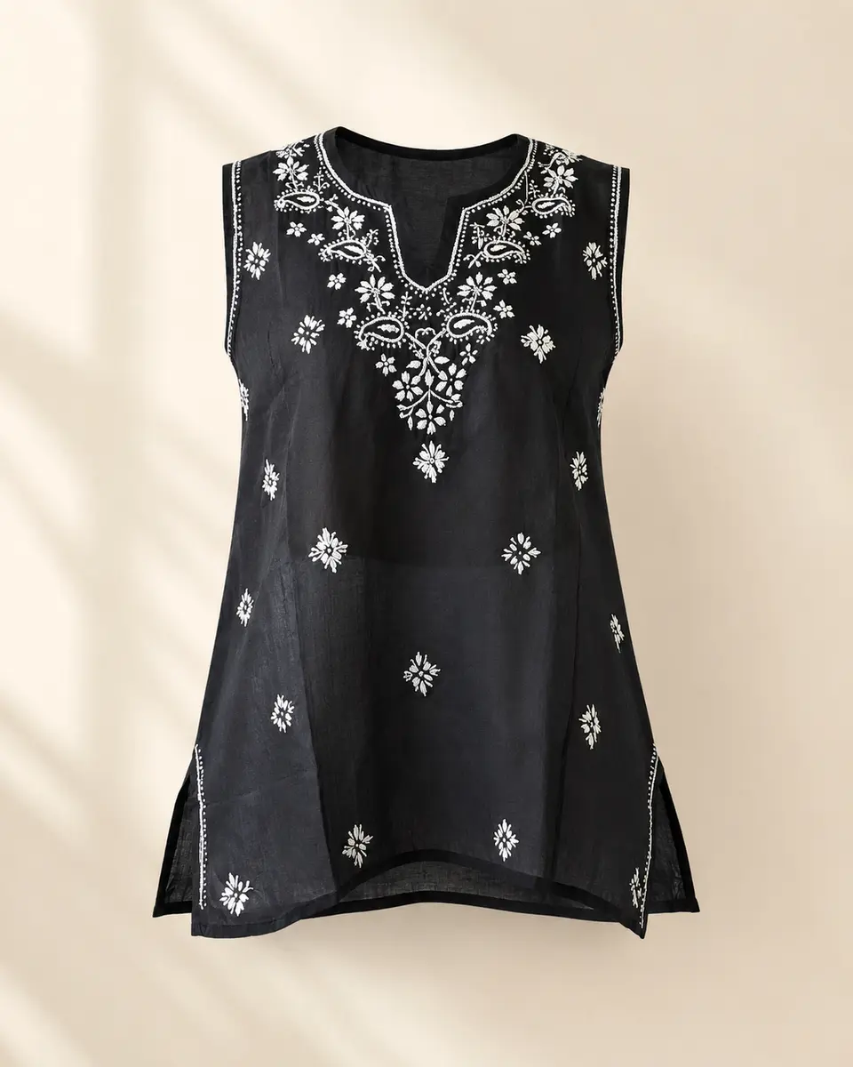 Chikankari Cotton Kurti Black White  thumbnail 3