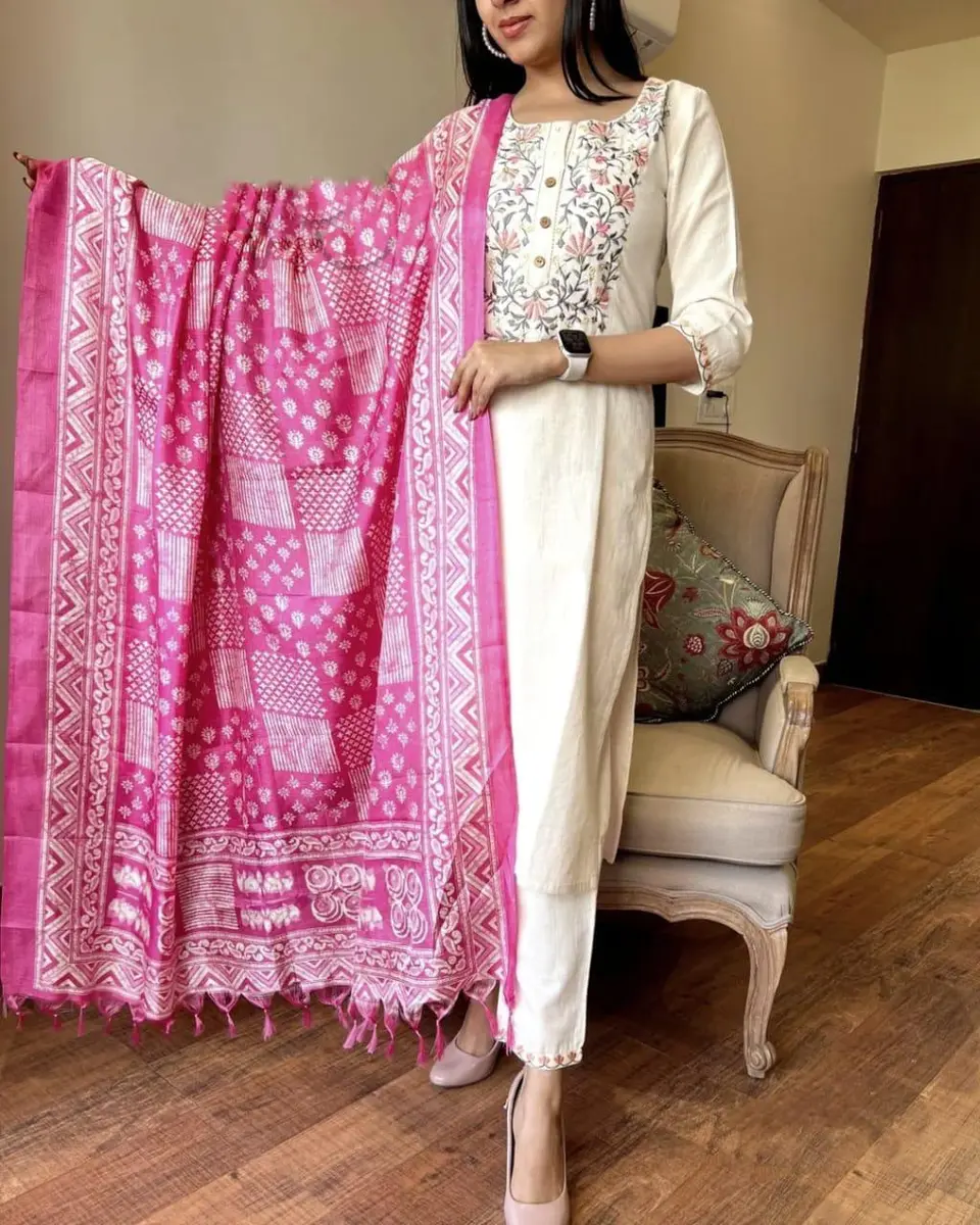 Chikankari Cotton Kurta Set Cream Pink (Stitched)