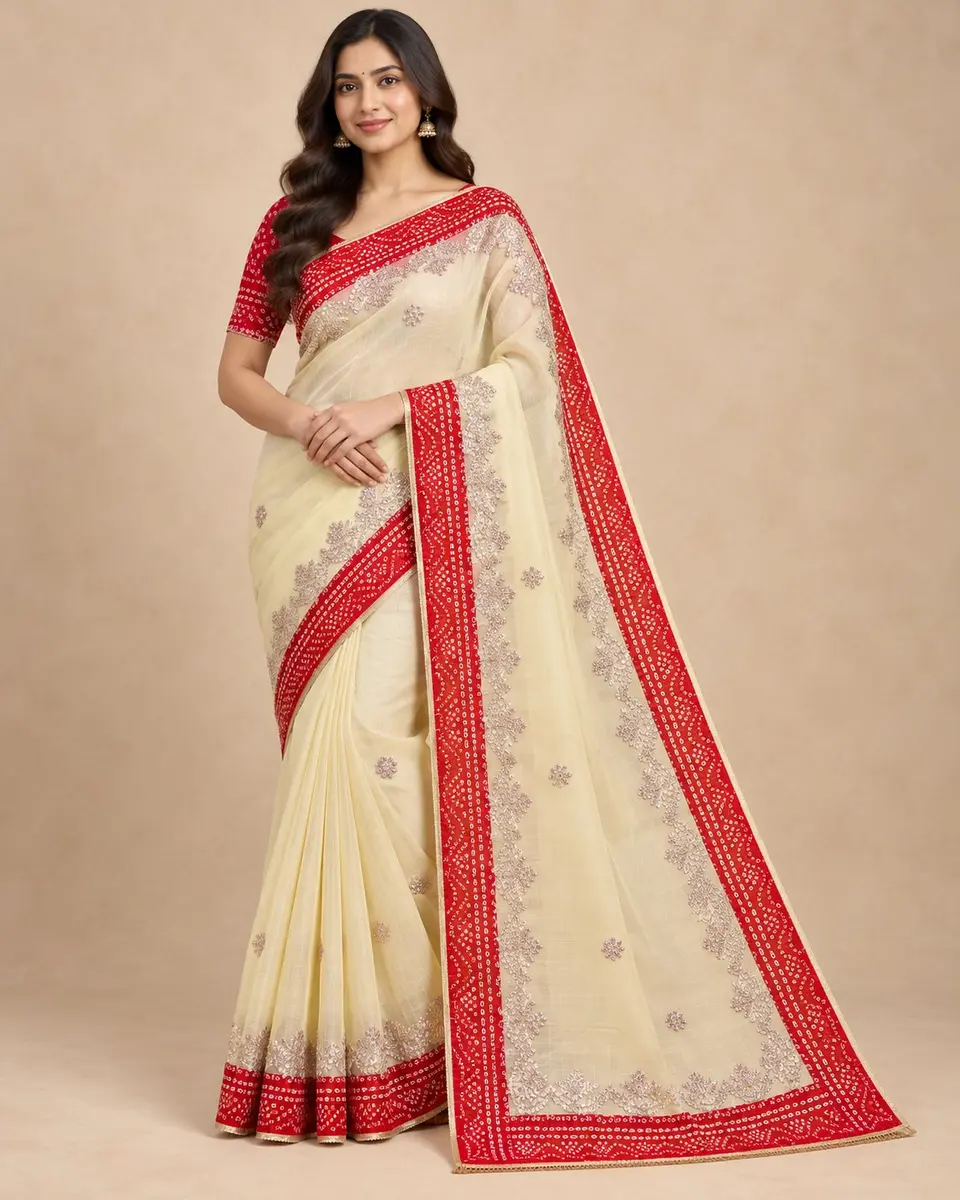 Kota Doria Saree Cream Red Bandhani Border - Festive Wear -cream-red / free size -image 1 of 3