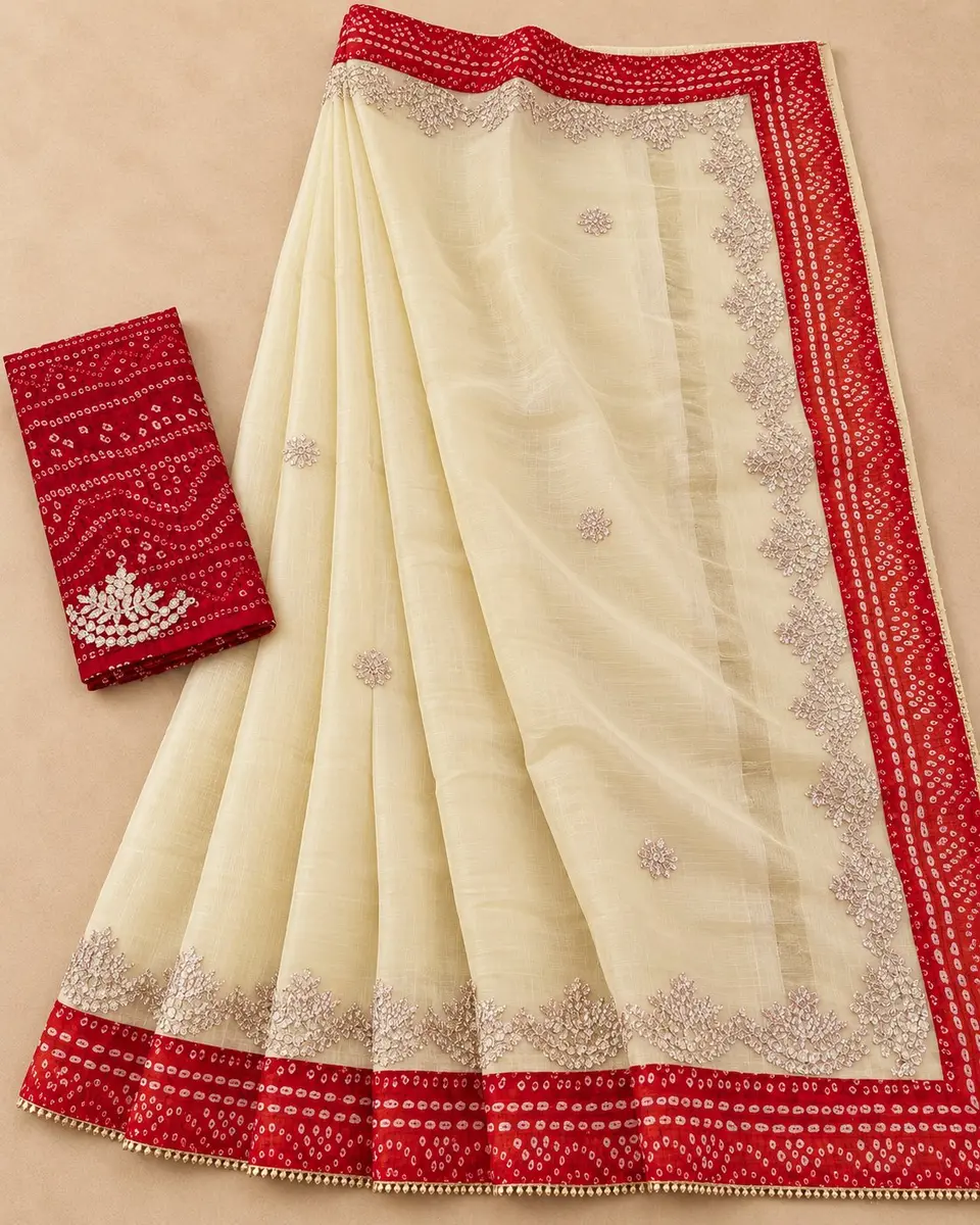 Kota Doria Saree Cream Red Bandhani Border - Festive Wear -cream-red / free size -image 2 of 3