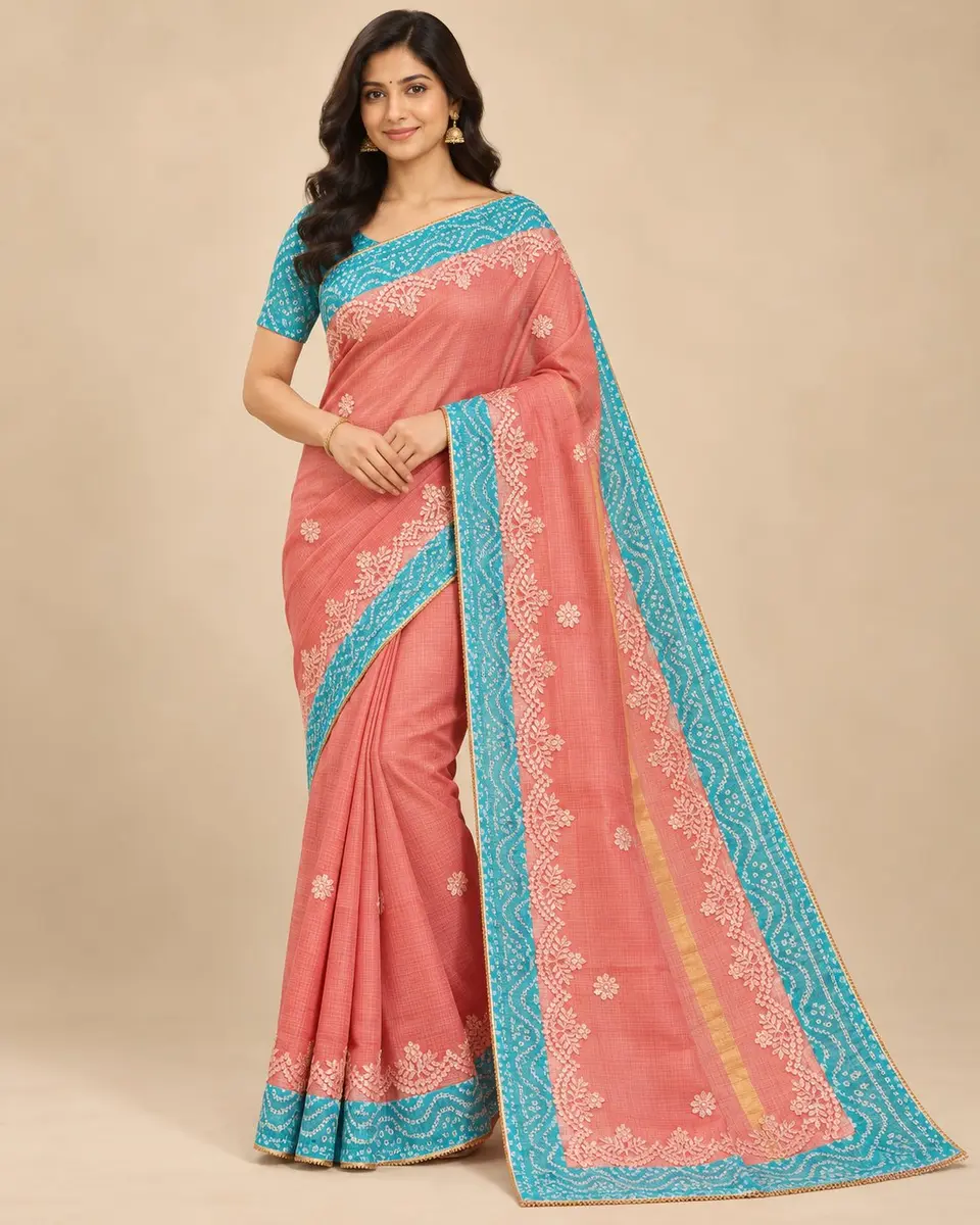 Kota Doria Saree Cream Red Bandhani Border - Festive Wear -coral-blue / free size -image 1 of 3
