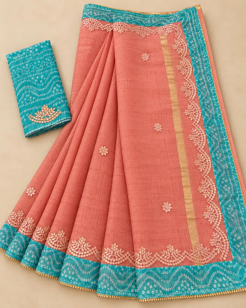 Kota Doria Saree Cream Red Bandhani Border - Festive Wear -coral-blue / free size -image 2 of 3