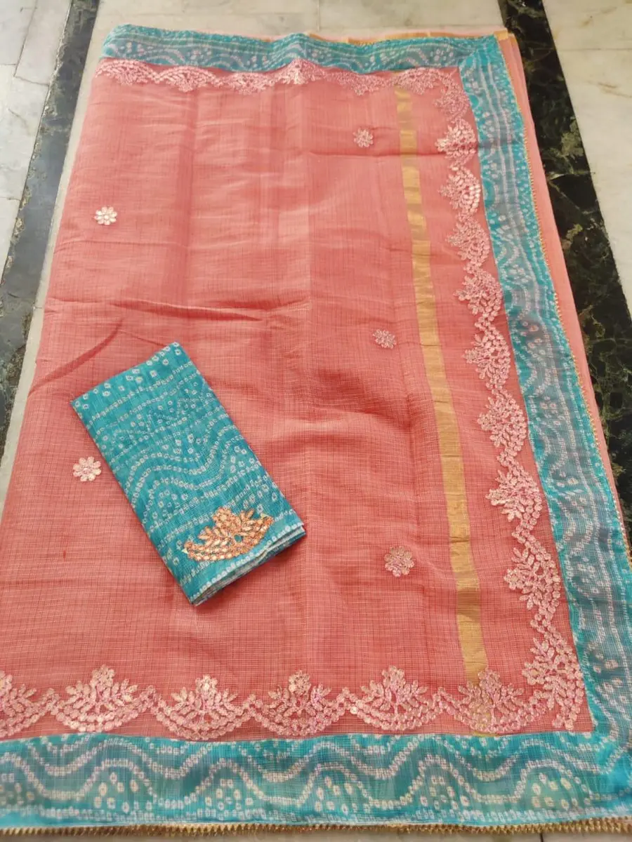Kota Doria Saree Cream Red Bandhani Border - Festive Wear -coral-blue / free size -image 3 of 3
