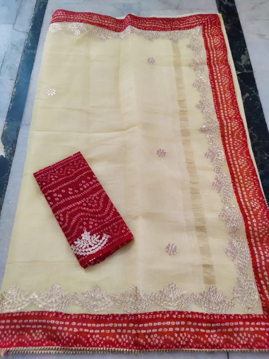 Kota Doria Saree Cream Red Bandhani Border - Festive Wear -cream-red / free size -image 3 of 3
