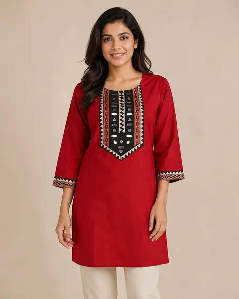 Kutchi Embroidery Cotton Kurti with Mirror Work  — red / m, l, xl, xxl — image 1 of 2