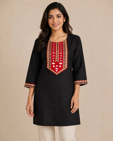 Kutchi Embroidery Cotton Kurti with Mirror Work  — black / m, l, xl, xxl — image 1 of 2