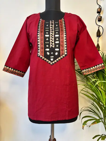 Kutchi Embroidery Cotton Kurti with Mirror Work  — red / m, l, xl, xxl — image 2 of 2