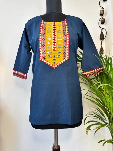 Kutchi Embroidery Cotton Kurti with Mirror Work  — blue / m, l, xl, xxl — image 2 of 2