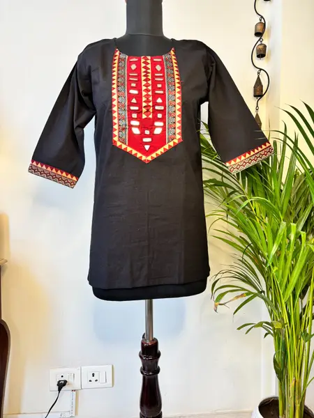 Kutchi Embroidery Cotton Kurti with Mirror Work  — black / m, l, xl, xxl — image 2 of 2