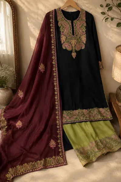 Upada Silk Tilla and Thread Work Suit Maroon Green (Unstitched) — image 3 of 3