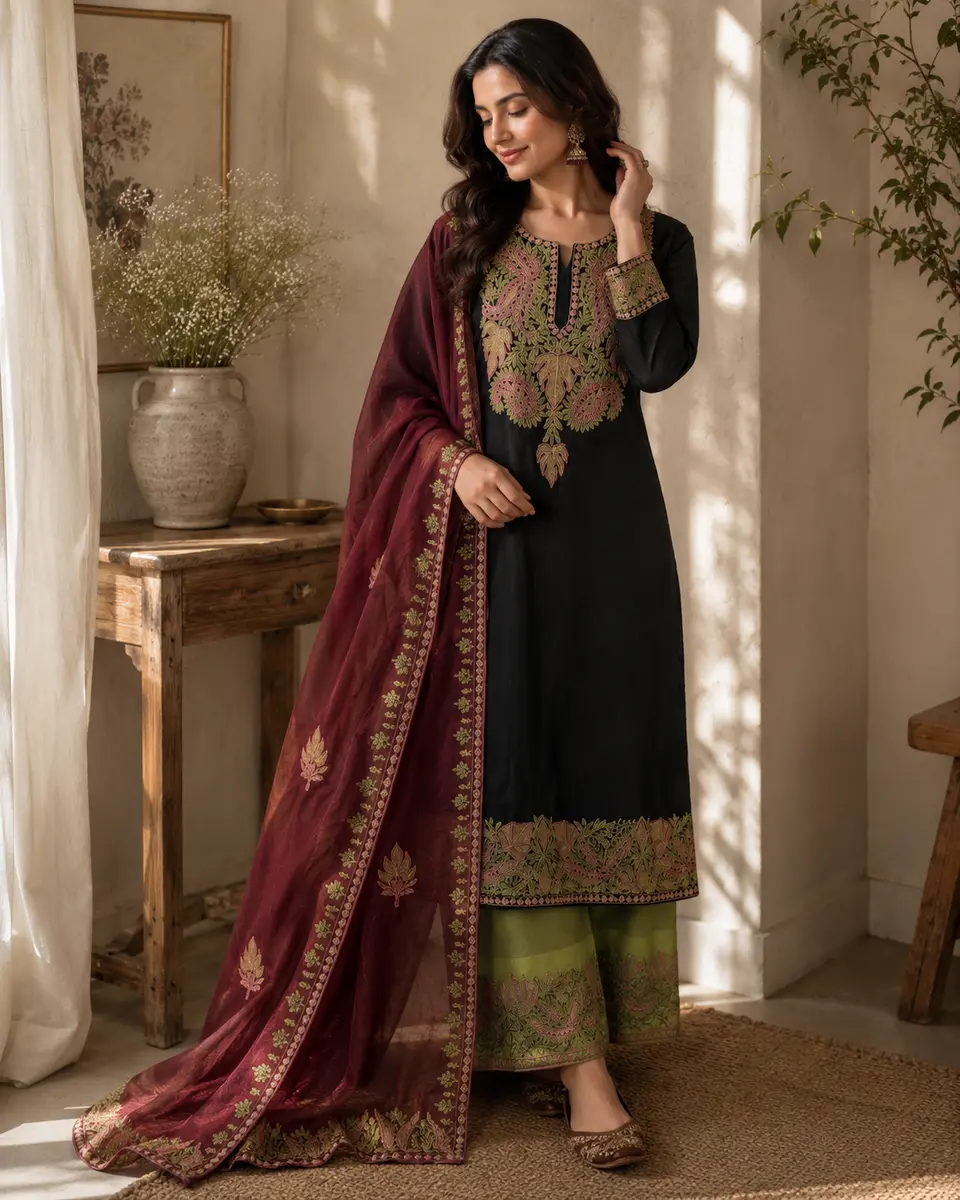 Upada Silk Tilla and Thread Work Suit Maroon Green (Unstitched) - Image 1 of 3