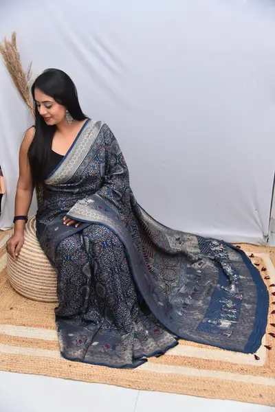 Dola Silk Ajrakh Block Print Saree Indigo Blue — image 1 of 3