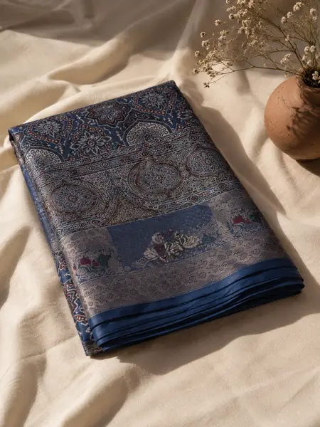 Dola Silk Ajrakh Block Print Saree Indigo Blue — image 2 of 3