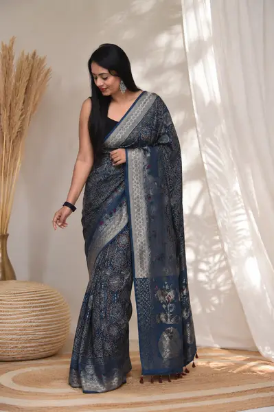 Dola Silk Ajrakh Block Print Saree Indigo Blue — image 3 of 3